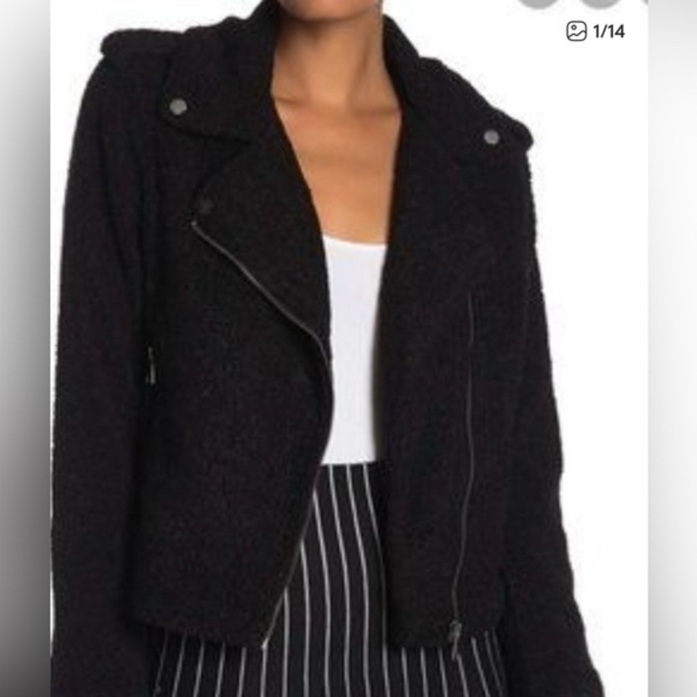 Max Studio Faux Fur Shearling Moto Jacket Women Size Medium Black Cozy Stylish